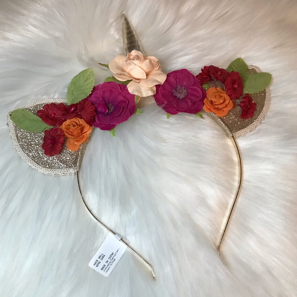 Unicorn Multi Red Green Gold Tone Floral Ears Horn headband hairband diadema OS